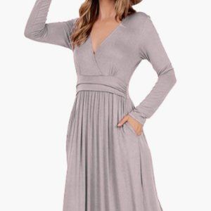 Women's Long Sleeve V-Neck Wrap Waist Pockets Pleated Maxi Dress